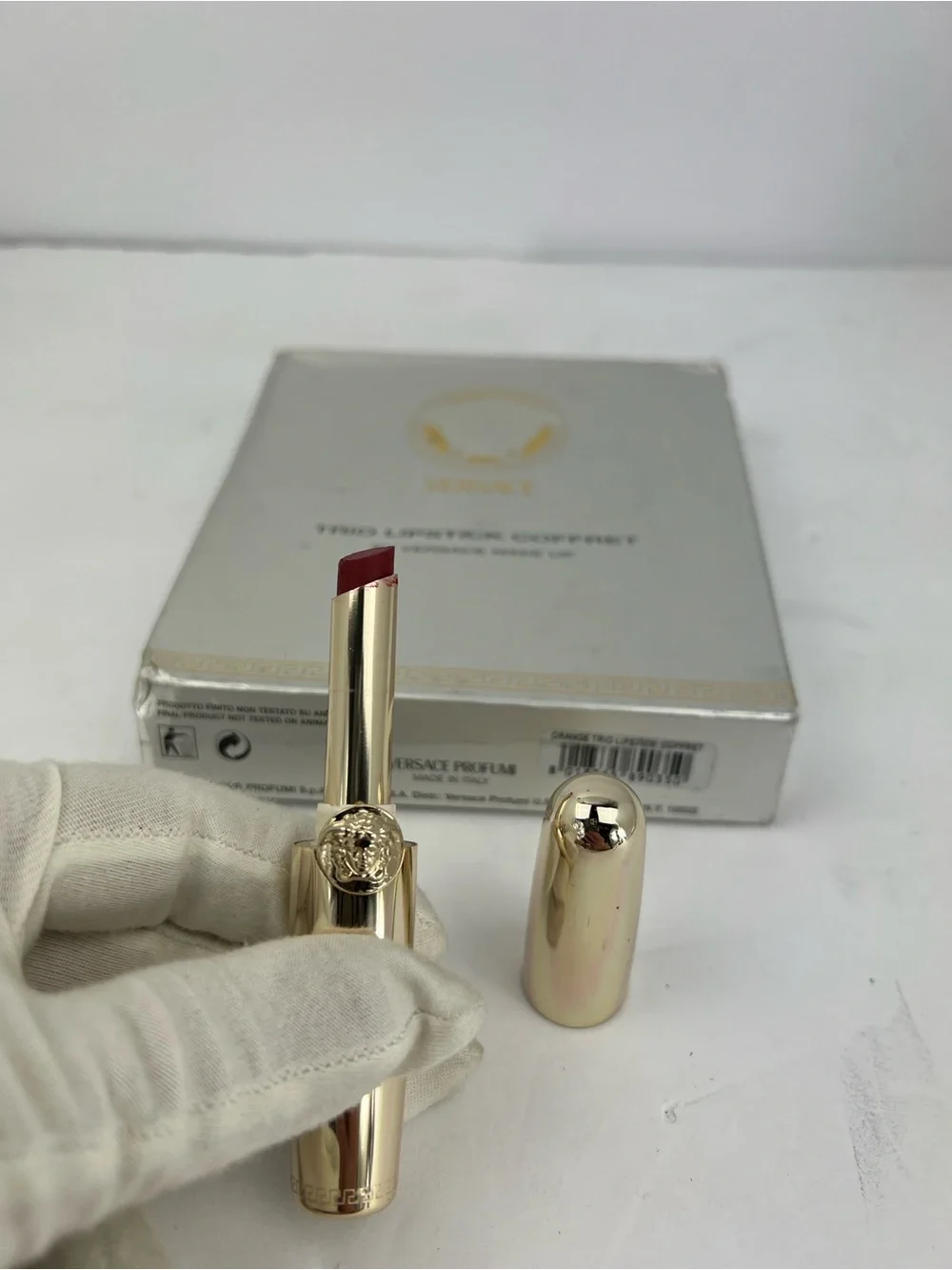 VERSACE TRÍO VINTAGE LIPSTICKS COFFRET SET WITH MEDUSA LOGO, IN GOLD COLOR